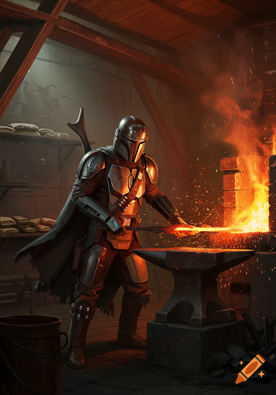 A Mandalorian warrior in a dark, fiery forge, hammering a glowing hot metal object on an anvil as sparks fly.