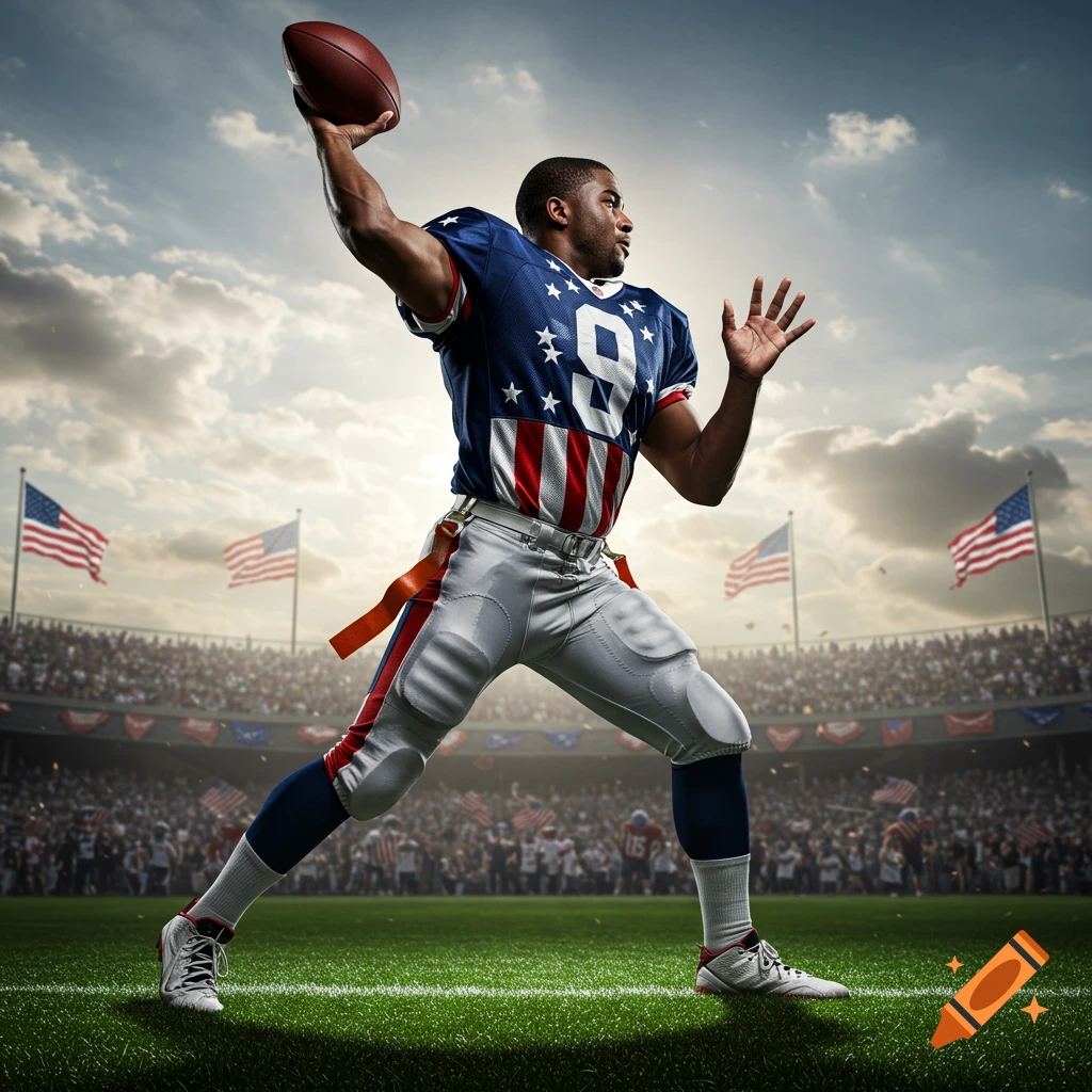 A photorealistic image of an American flag football player throwing a ball in a stadium filled with spectators and US flags.