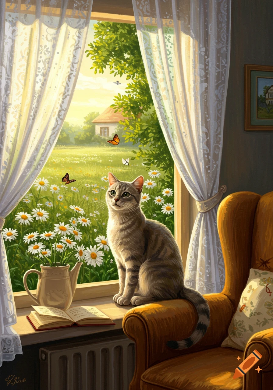 A tabby cat sits on a sunlit windowsill, gazing out at a vibrant field of daisies, butterflies, and a distant house in a painted style.