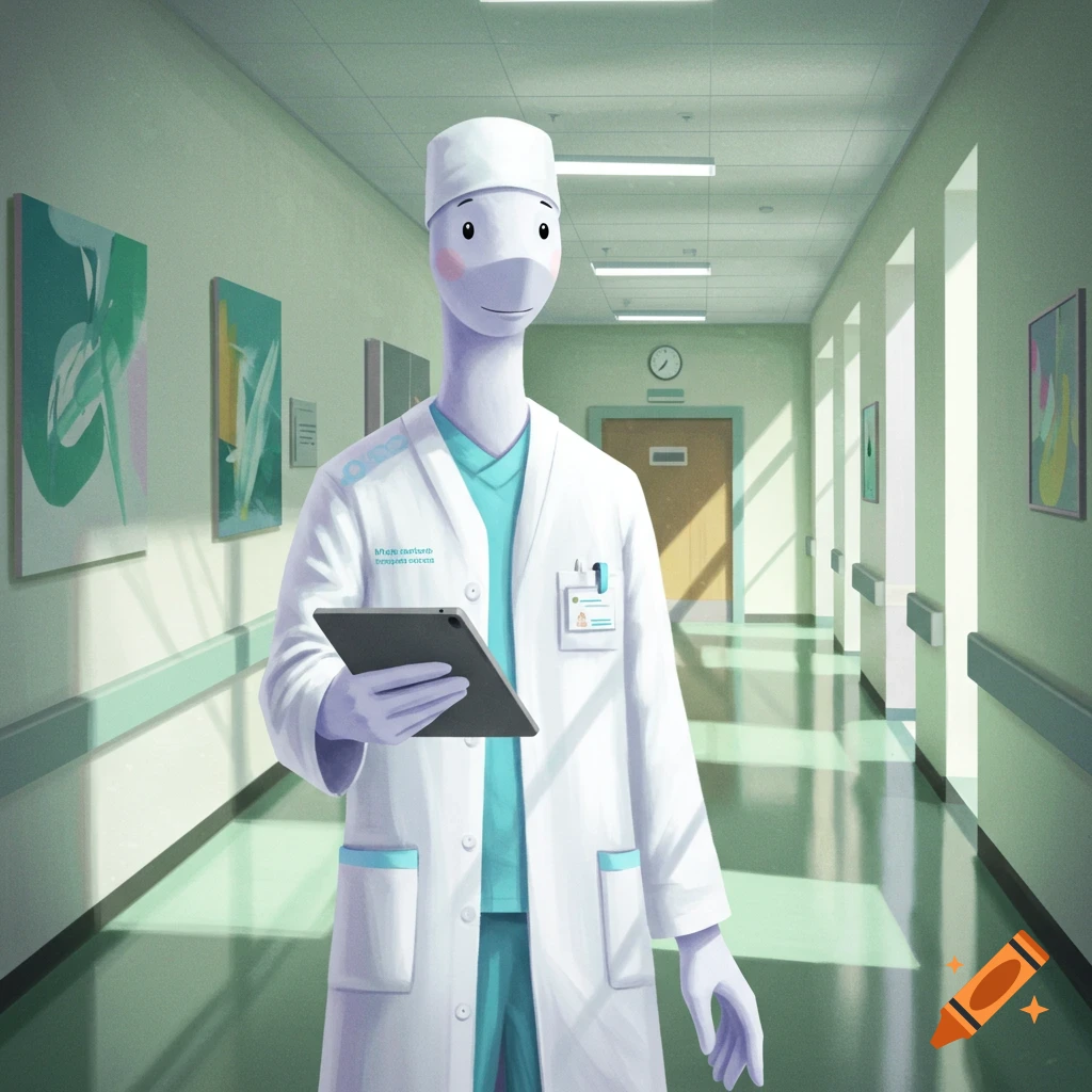 A cartoon, light purple, anthropomorphic doctor character with small eyes and a smile wears a white lab coat, blue scrubs, and a surgical cap, holding a tablet in a brightly lit hospital hallway.