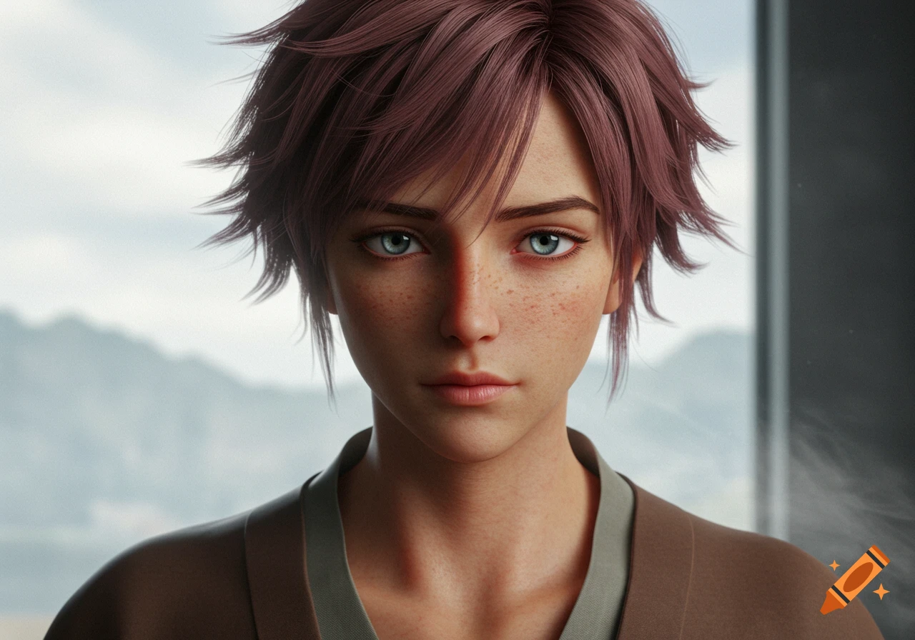 Close-up portrait of a young person with short reddish-brown hair, light blue eyes, and freckles, in a realistic style.