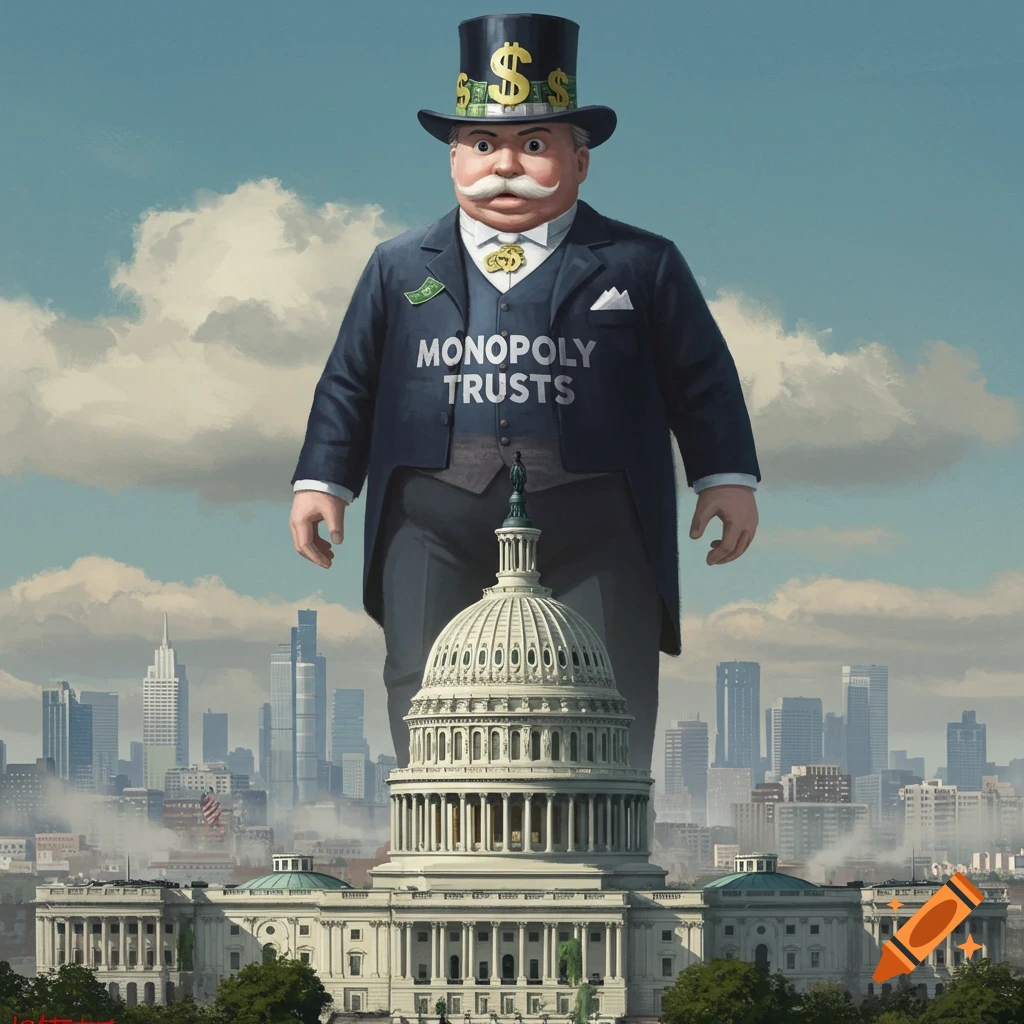 A giant, stout man in a top hat with dollar signs and a suit labeled 'MONOPOLY TRUSTS' towers over the U.S. Capitol building and a city skyline under a cloudy sky, in an illustrated style.