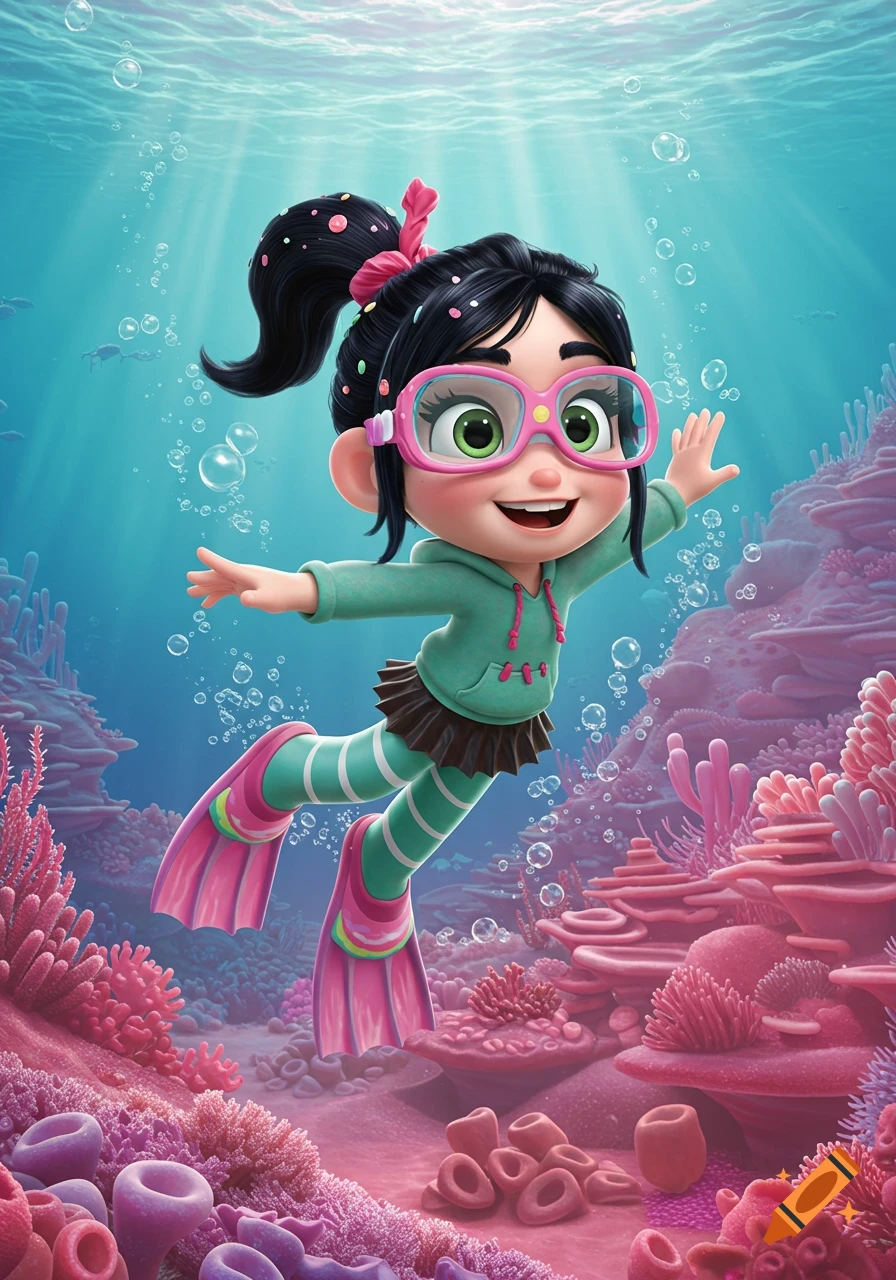 Vibrant cartoon of Vanellope von Schweetz swimming underwater, wearing pink goggles and flippers amidst colorful coral.