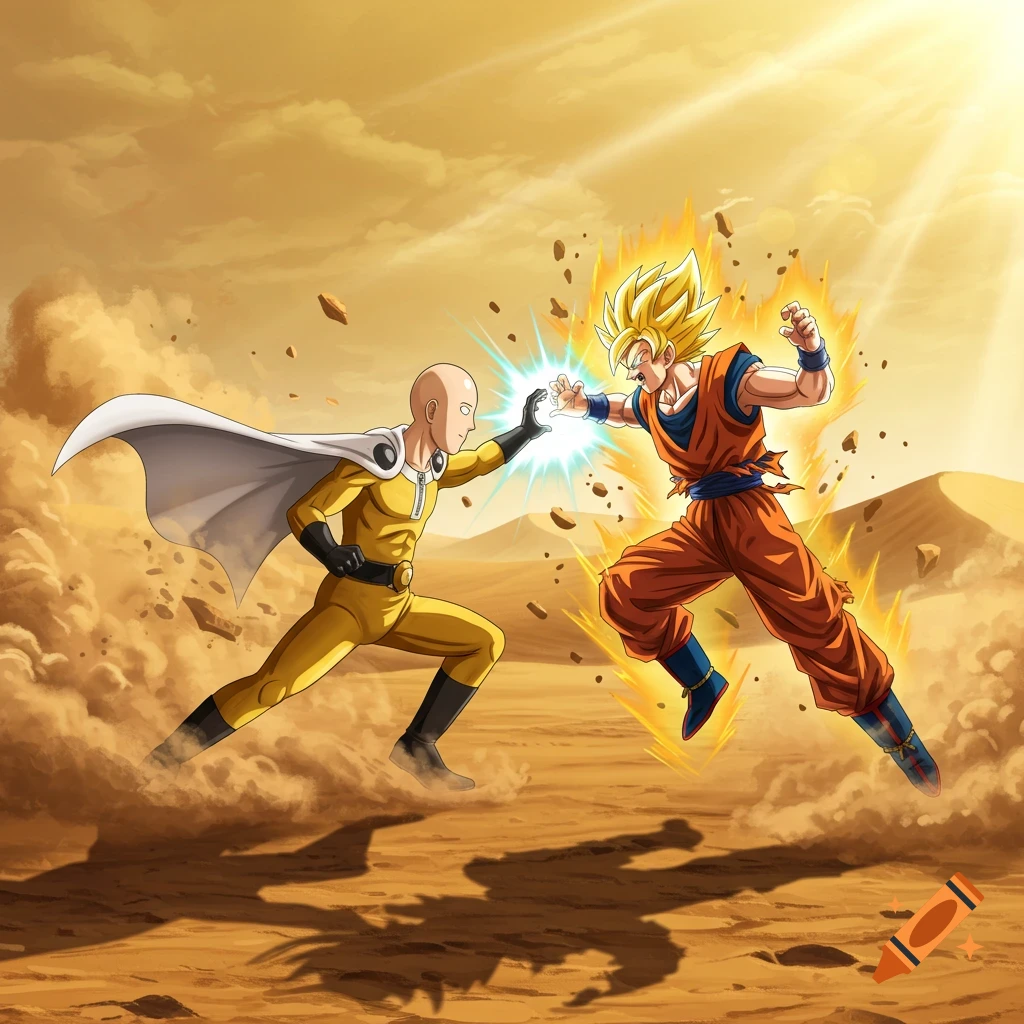 Saitama and Goku clash in a desert, surrounded by dust and glowing energy.