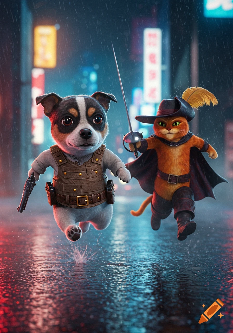 A jack russell terrier dressed as a police officer with a handgun and Puss in Boots with a sword run through a rainy, neon-lit Tokyo street.