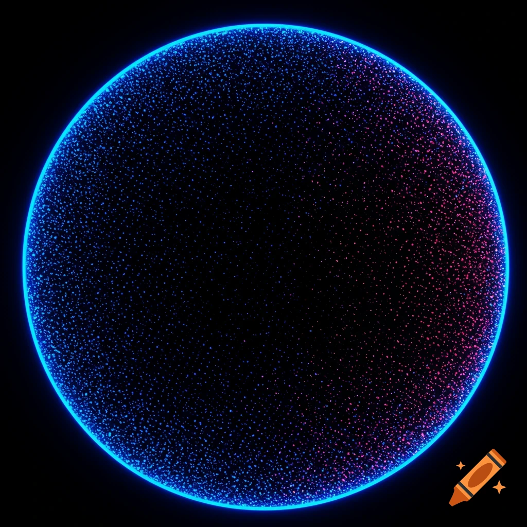 A glowing blue outlined circle filled with blue and magenta particles on a black background.
