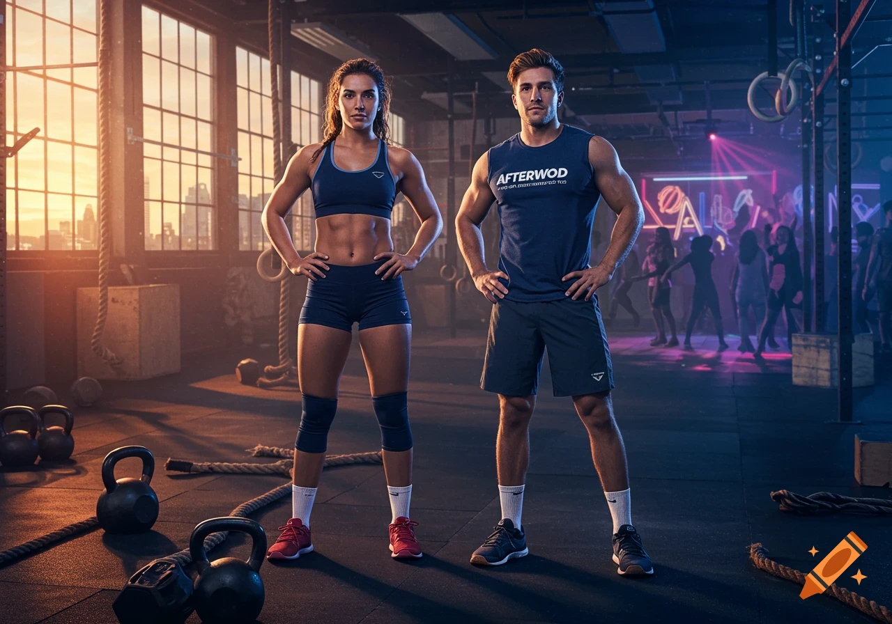 A man and a woman in athletic wear pose confidently in a CrossFit gym with equipment. The man wears a tank top with "AFTERWOD" text. Sunset light streams through windows on the left, while neon lights illuminate the right side.