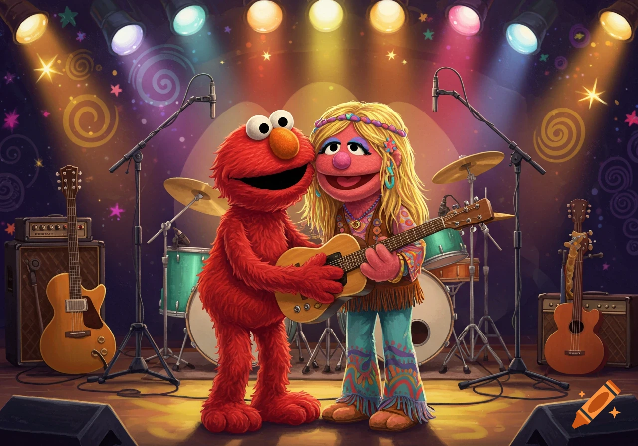 Elmo and Janice the Muppet embrace, playing a guitar on a vibrant stage filled with musical instruments and colorful lights.
