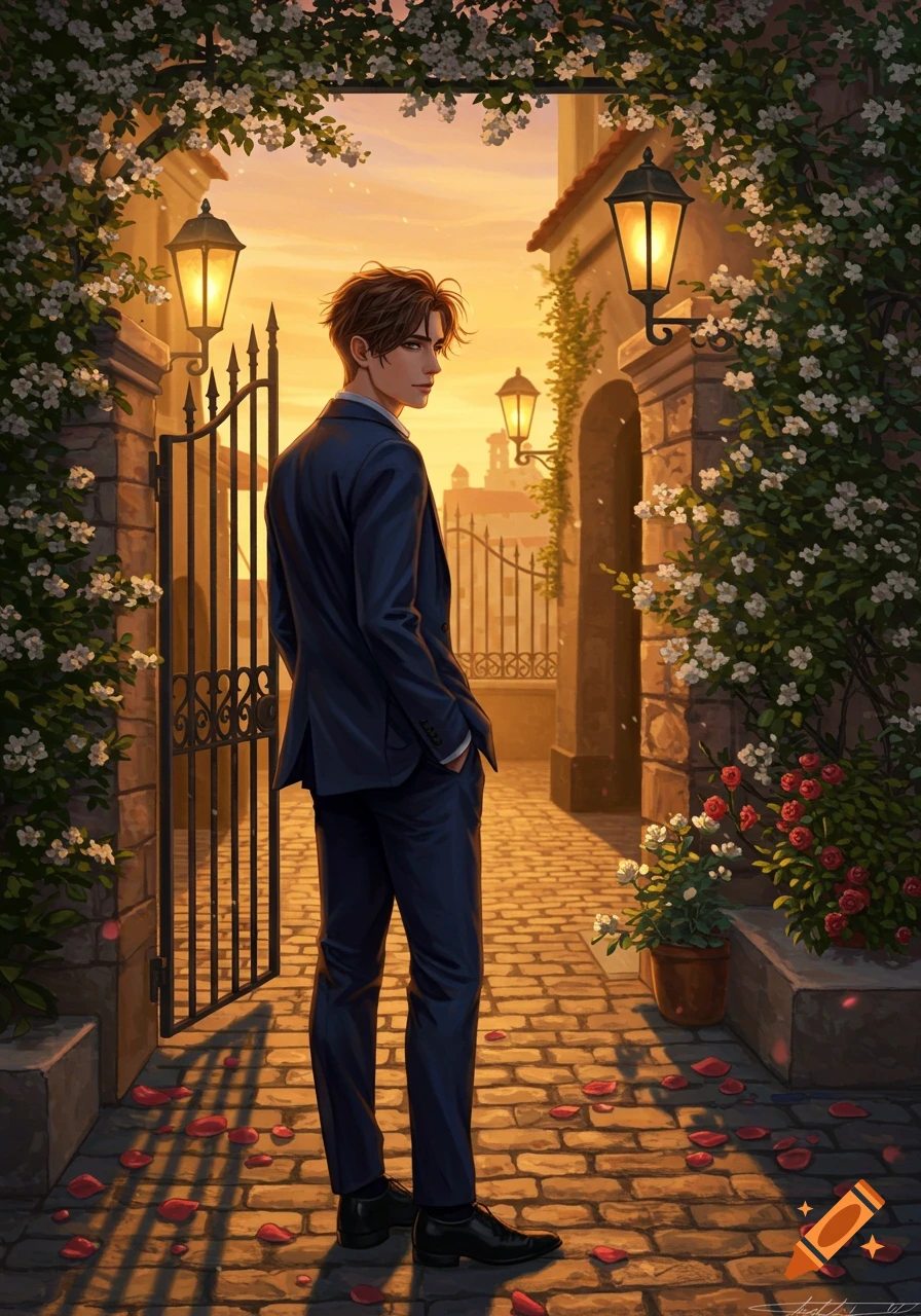 A handsome young man in a dark suit stands in a sunlit stone archway covered in white flowering vines and rose petals, looking back over his shoulder.