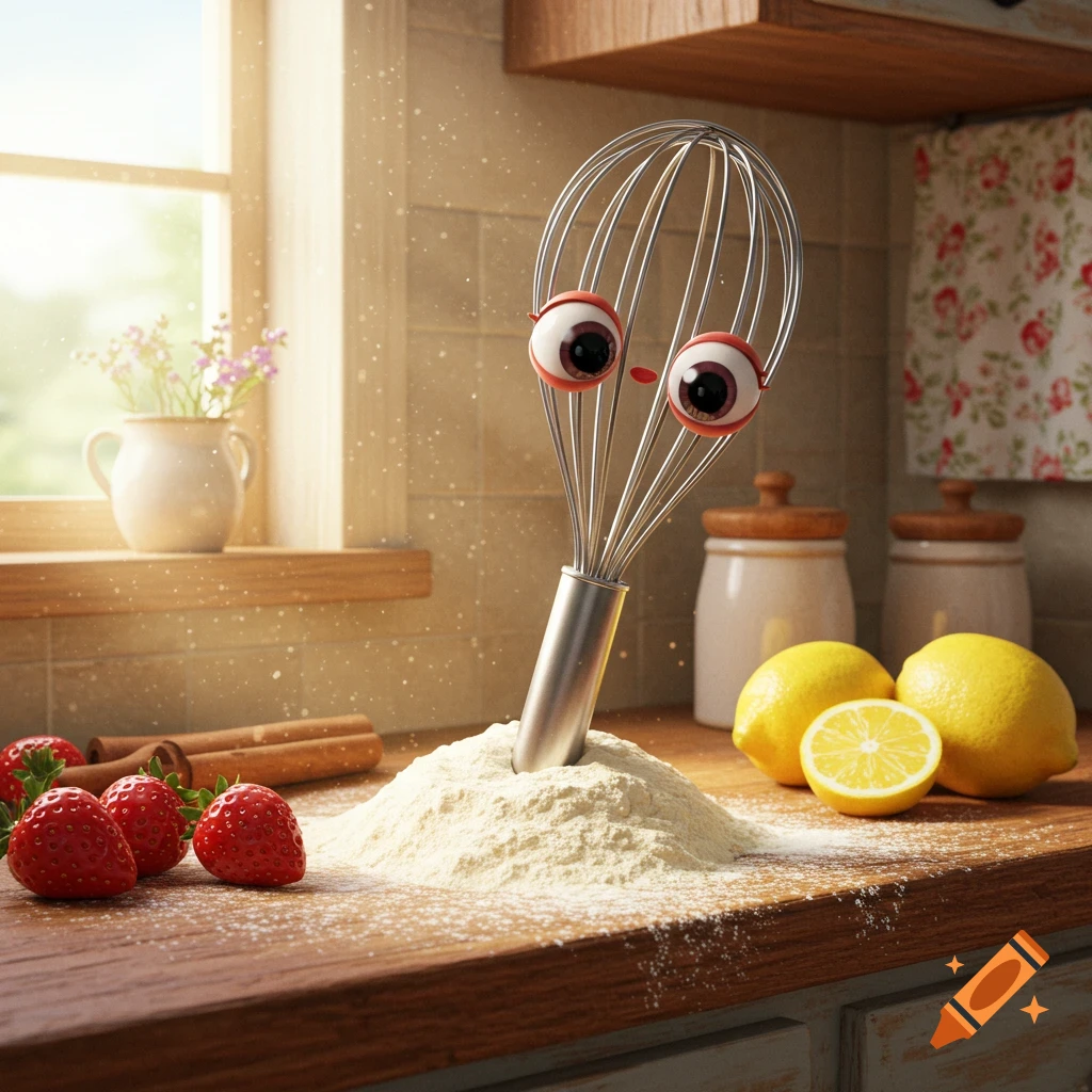 An anthropomorphic kitchen whisk with large googly eyes is stuck in a mound of flour on a wooden counter, surrounded by strawberries and lemons.
