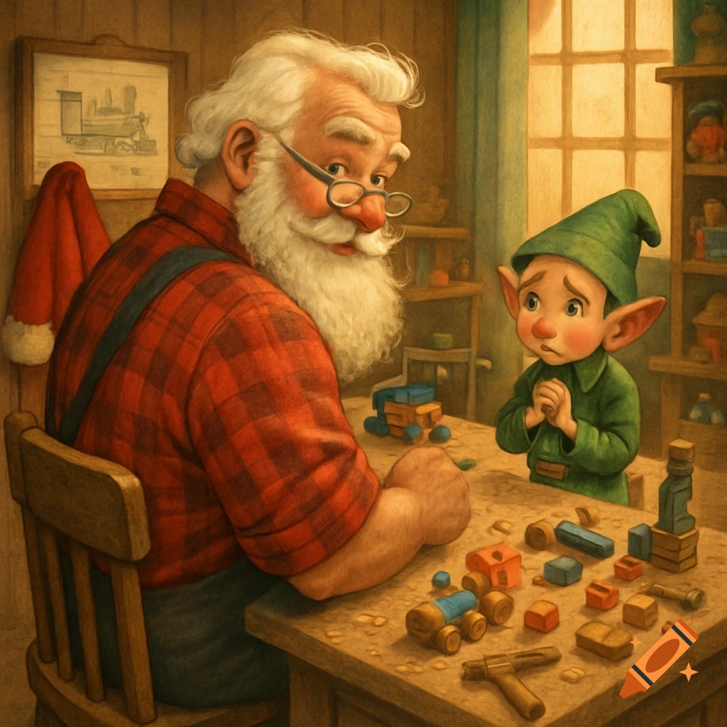 Santa, in a red flannel shirt, looks at a sad elf in his wooden toy workshop filled with building blocks and toy vehicles.