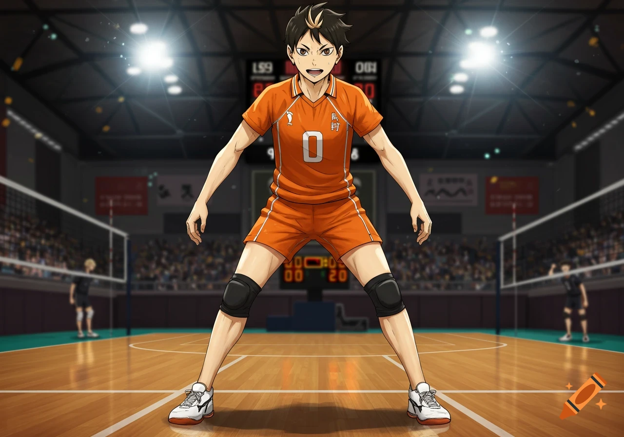 An anime-style male volleyball player in an orange uniform, with black and blonde spiked hair, stands ready on a court with a scoreboard in the background.