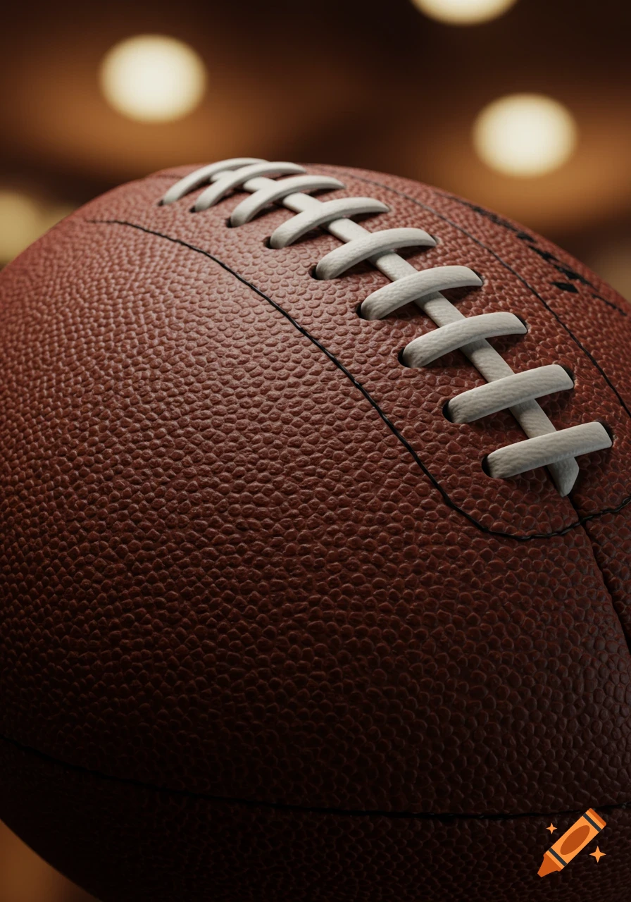 Close-up of the textured brown leather and white laces of an American football with a blurred, warm-toned background.