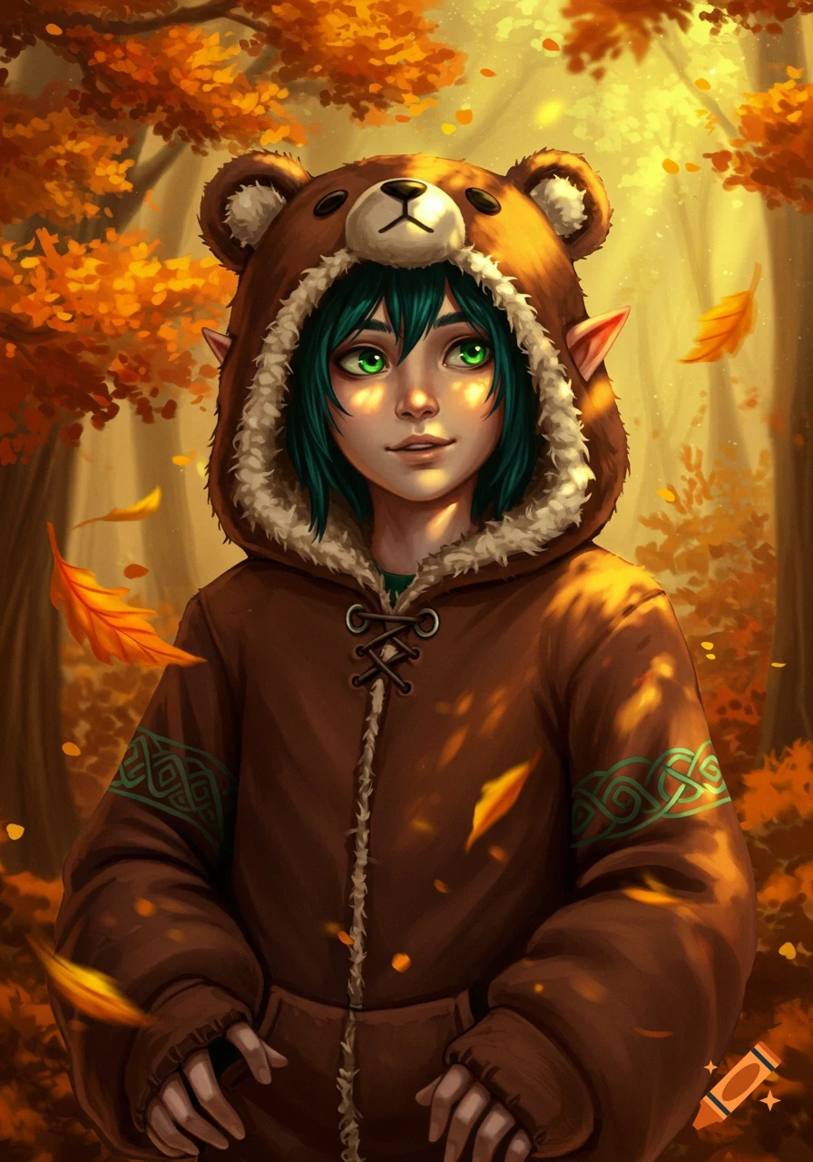 A green-haired half-elf with bright green eyes in a brown bear hoodie in an autumn forest with falling orange leaves, digital painting.