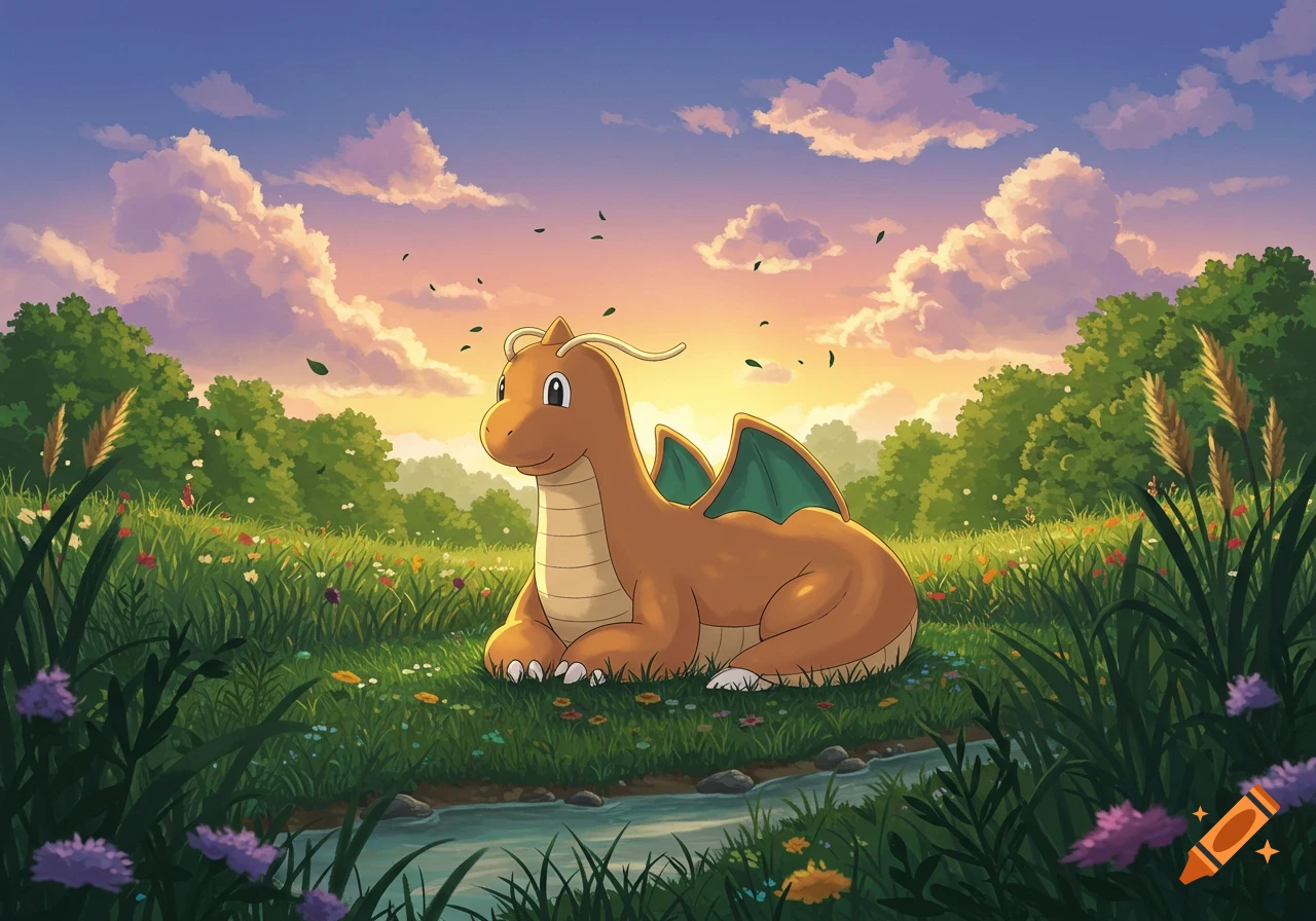 Ghibli-style illustration of Dragonite resting in a lush, flower-filled meadow by a stream at sunset.