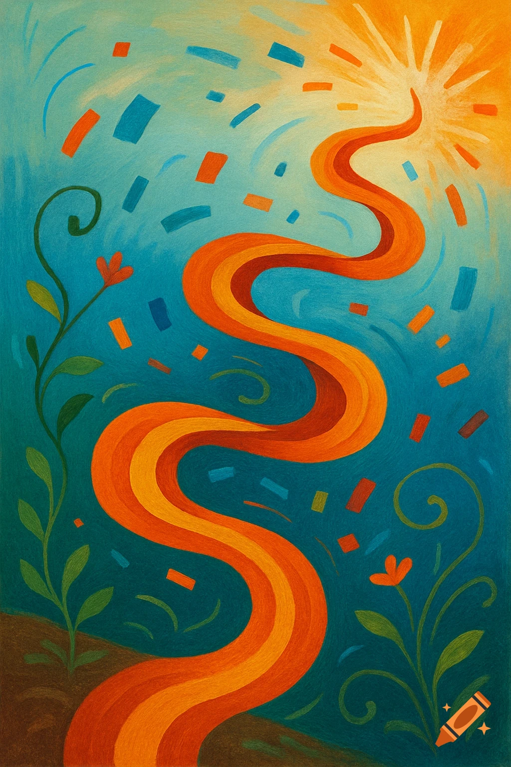 A vibrant abstract painting featuring an orange and red wavy ribbon path against a teal background with confetti and vines, culminating in a bright yellow burst.