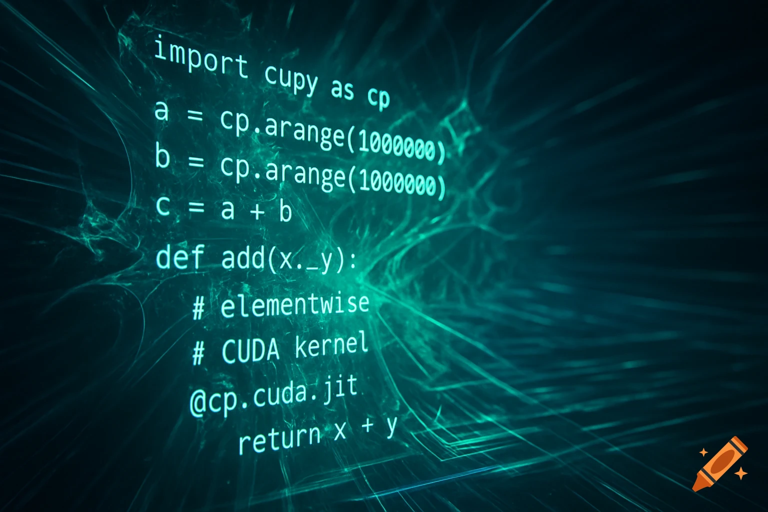 Glowing green program code for GPU computing with fractal background.