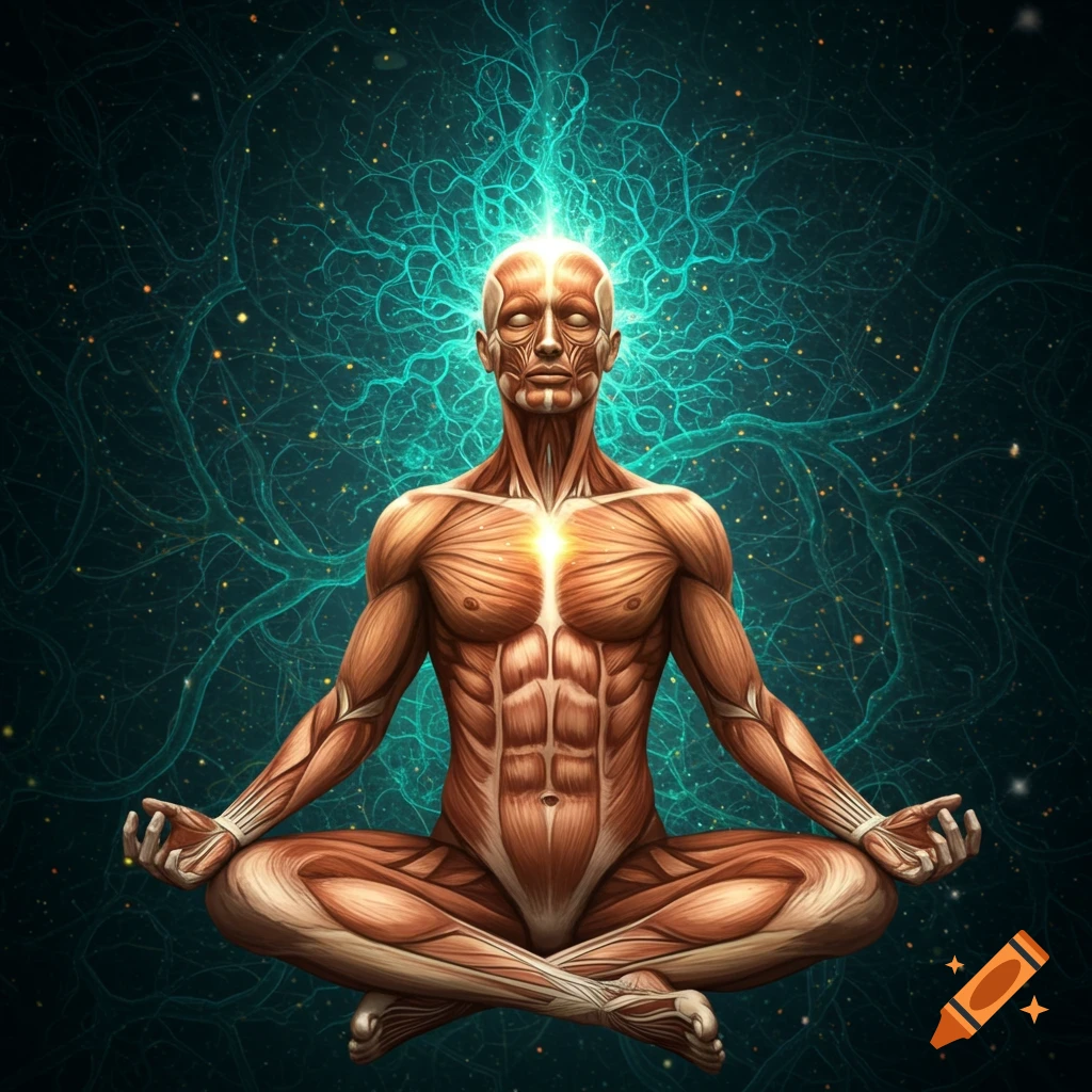 Stylized anatomical figure with exposed muscles in a lotus position, radiating blue energy from the head and chest against a dark, cosmic background.