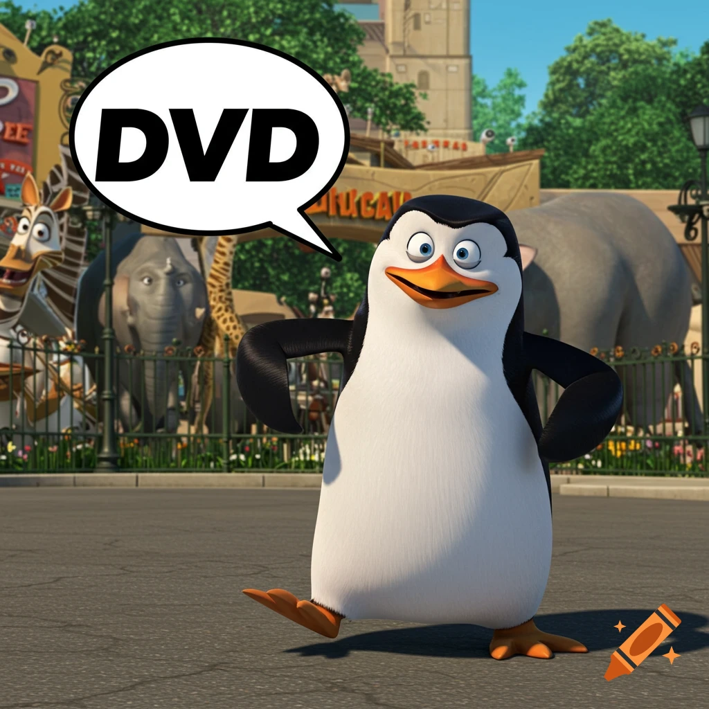 Skipper, a cartoon penguin, stands at a zoo with a speech bubble saying 'DVD'.
