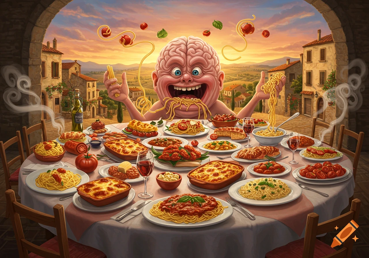 A grotesque, brain-headed creature with wide eyes joyfully devours spaghetti at a lavish table of Italian food in a sunlit Italian landscape.