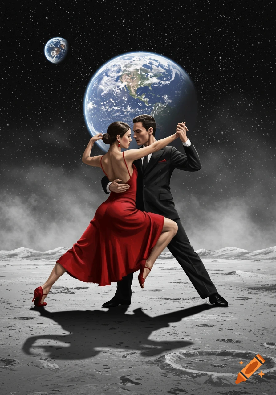 An illustrative painting of a man and woman tango dancing on the moon's surface, with Earth and stars in the background.