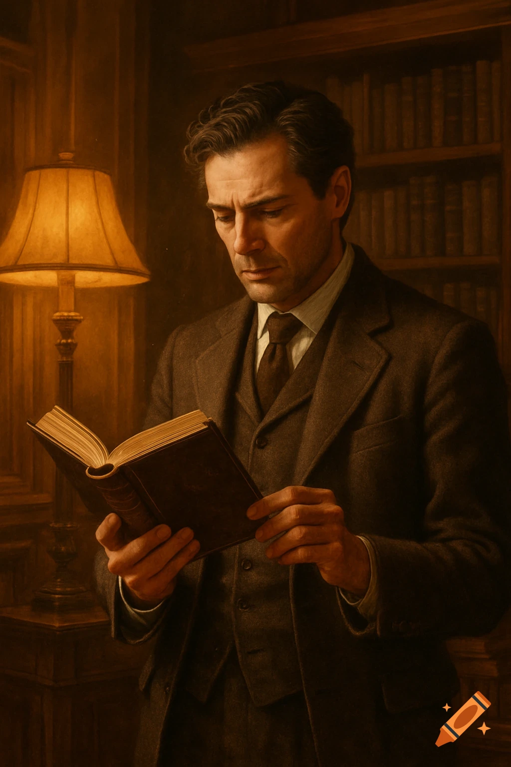 A man in a suit reads an open book under a warm lamp, with bookshelves blurred in the background, in a dark academic style.