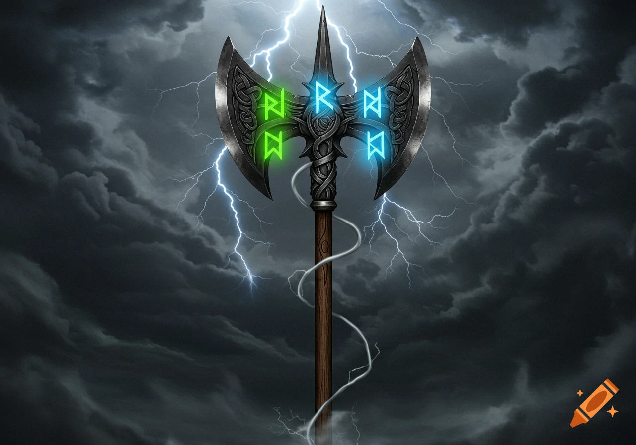A detailed, ornate battle-axe stands upright with glowing green and blue runes on its blades, set against a dark, stormy sky with bolts of lightning.