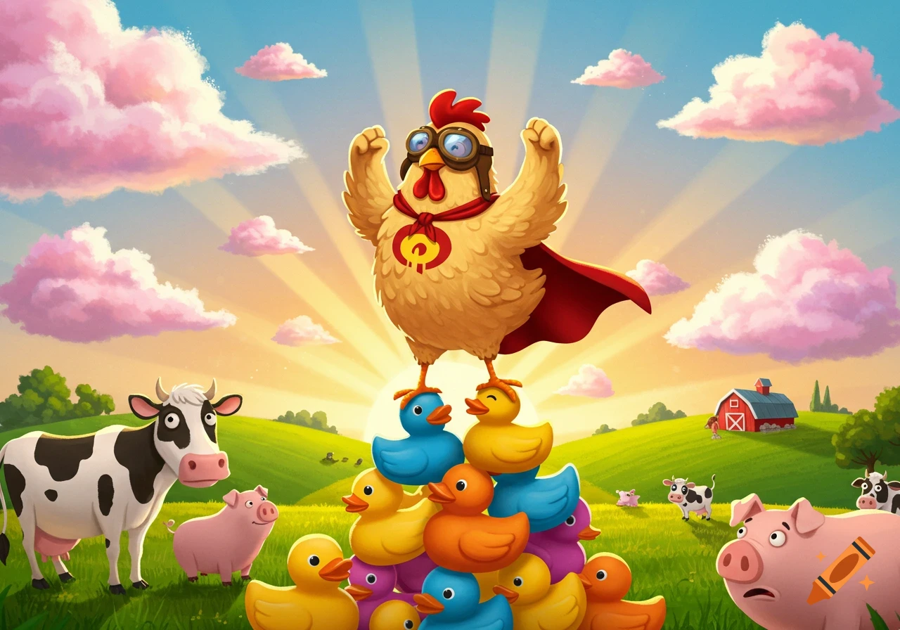 A cartoon superhero chicken stands on a pyramid of colorful rubber ducks in a sunny farm field with cows and pigs.