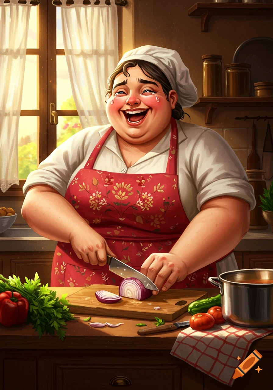 A joyful cartoon chef in a red apron slices an onion, tears streaming from her eyes, in a bright kitchen.