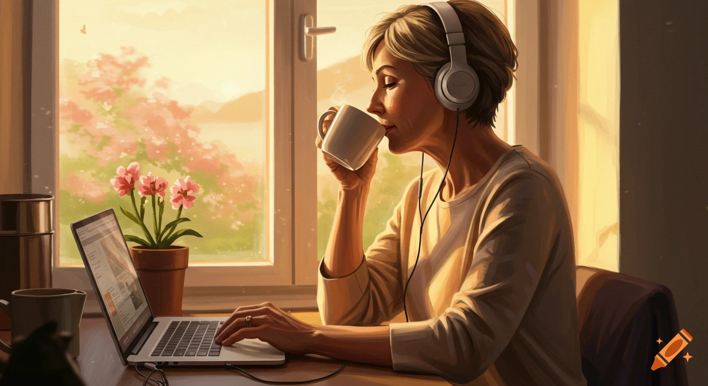 A woman with headphones sips coffee while using a laptop by a window with blooming flowers, rendered in a warm, painterly style.