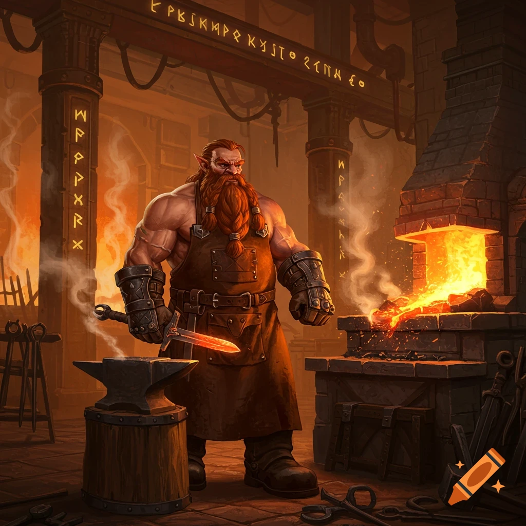 A muscular, red-bearded dwarven blacksmith in a leather apron holds a glowing sword in a fiery forge.
