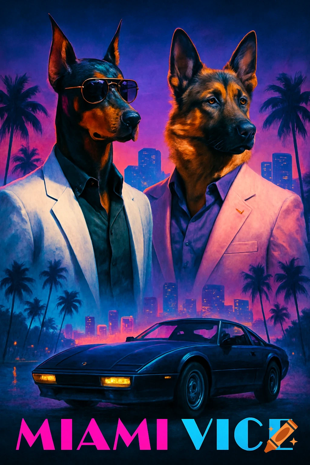 Synthwave-style poster with two dogs in suits, a Doberman and a German Shepherd, a sports car, and a neon city skyline. Text reads "MIAMI VICE".
