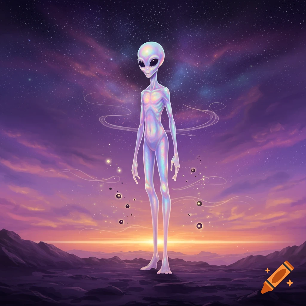 A tall, slender, iridescent alien stands on a dark alien landscape under a vibrant purple and orange cosmic sky.