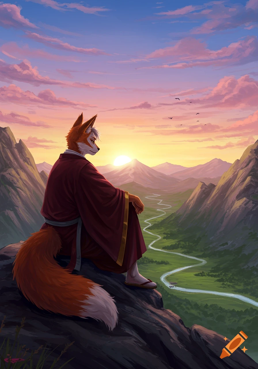 A fox-like humanoid in a red robe sits on a mountain, watching the sunset over a winding valley with a river.