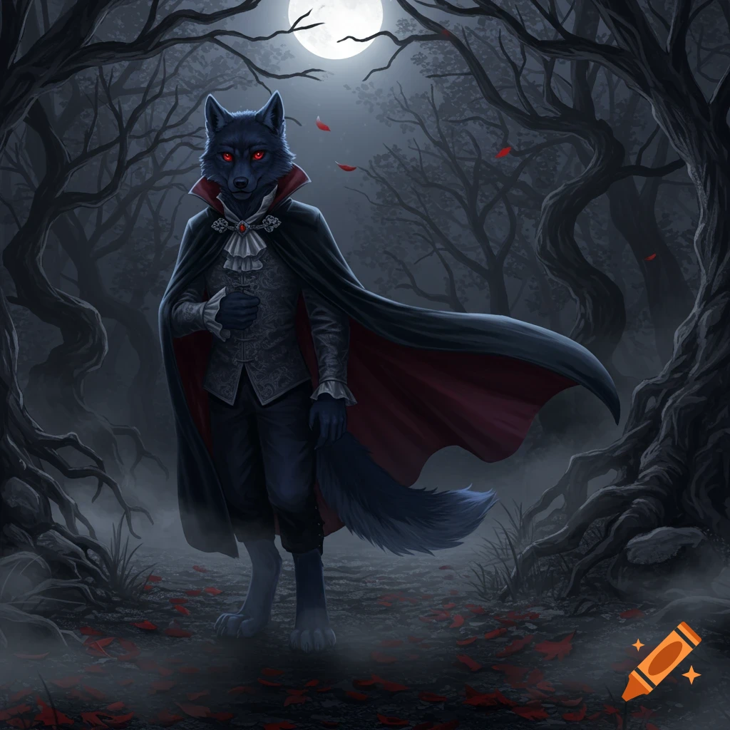 A black wolf-like furry dressed as a vampire, with glowing red eyes, stands in a misty, dark forest under a full moon.