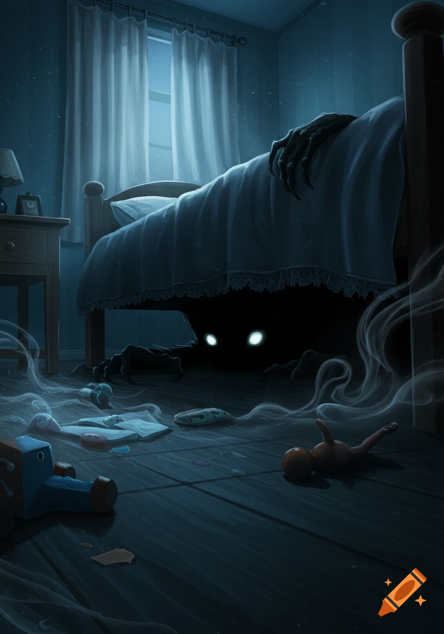 A spooky illustration of a dark bedroom at night with glowing monster eyes under the bed and a clawed hand emerging from the covers.