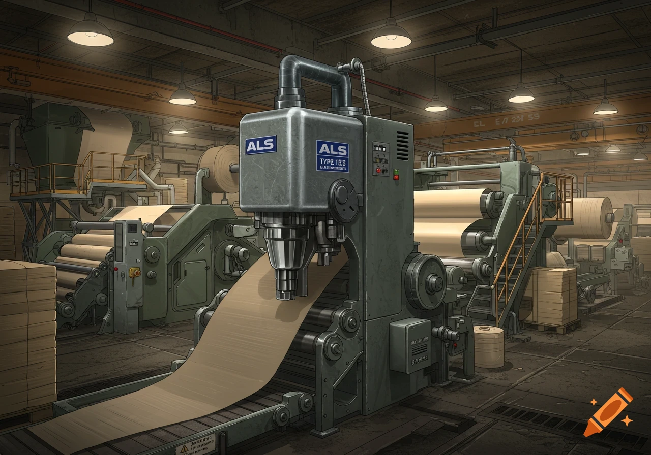 A detailed illustration of a paper production factory with large machines processing rolls of paper.