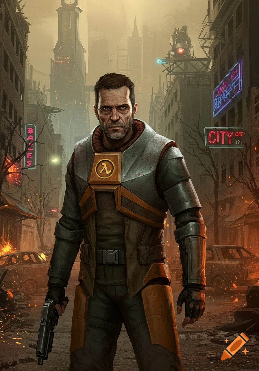A rugged man in a grey and orange suit with a lambda symbol, holding a pistol, stands in a burning, ruined city street.