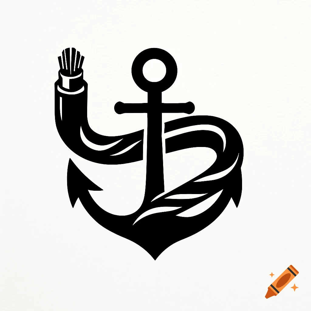 A monochrome logo of a ship's anchor intertwined with a thick telecommunication cable.