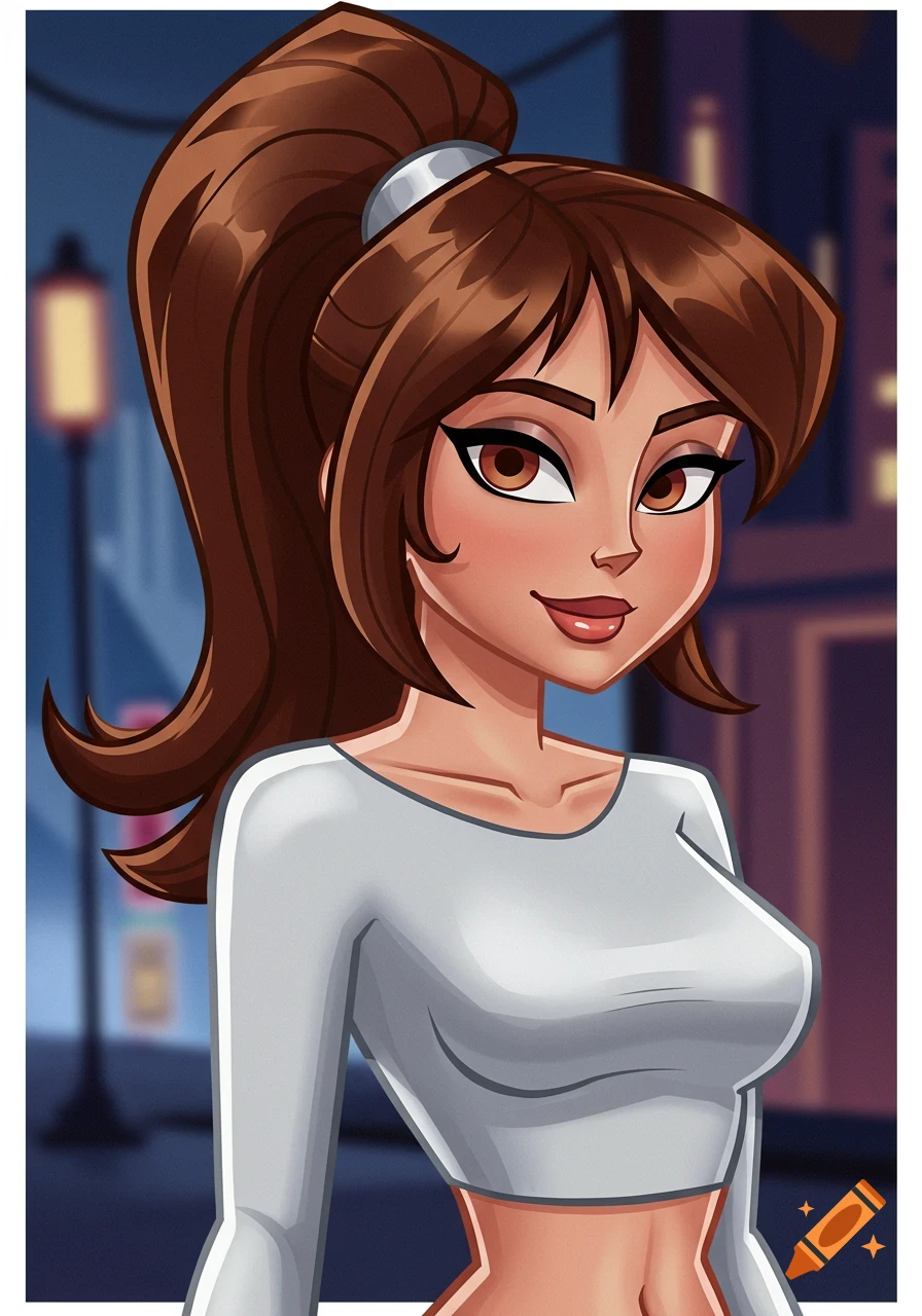 A cartoon woman with a brown ponytail, dark eyes, and glossed lips, wearing a white long-sleeve crop top against a blurry night city background.