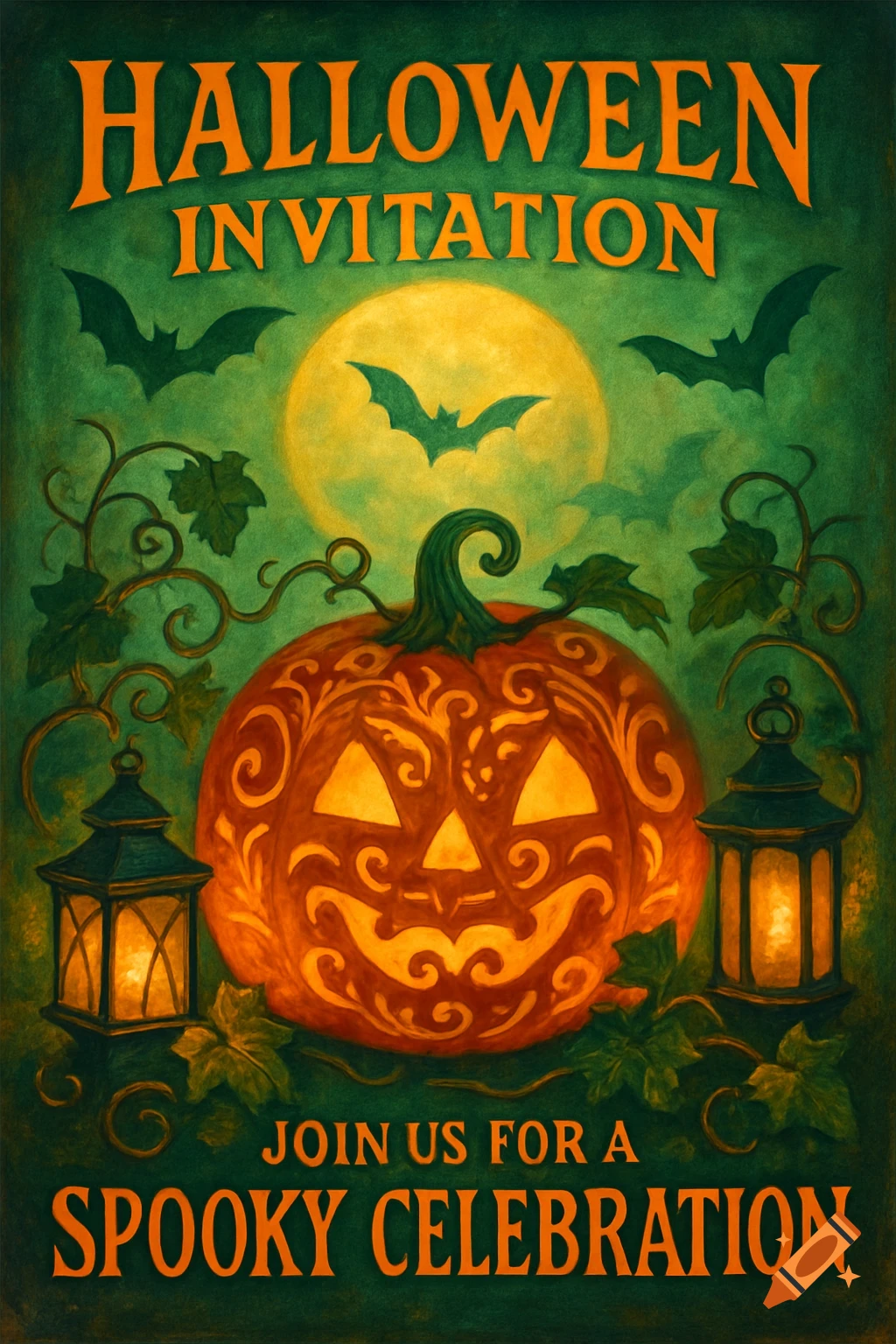 A Halloween invitation illustration with a carved pumpkin, bats, full moon, and lanterns, in orange and green.