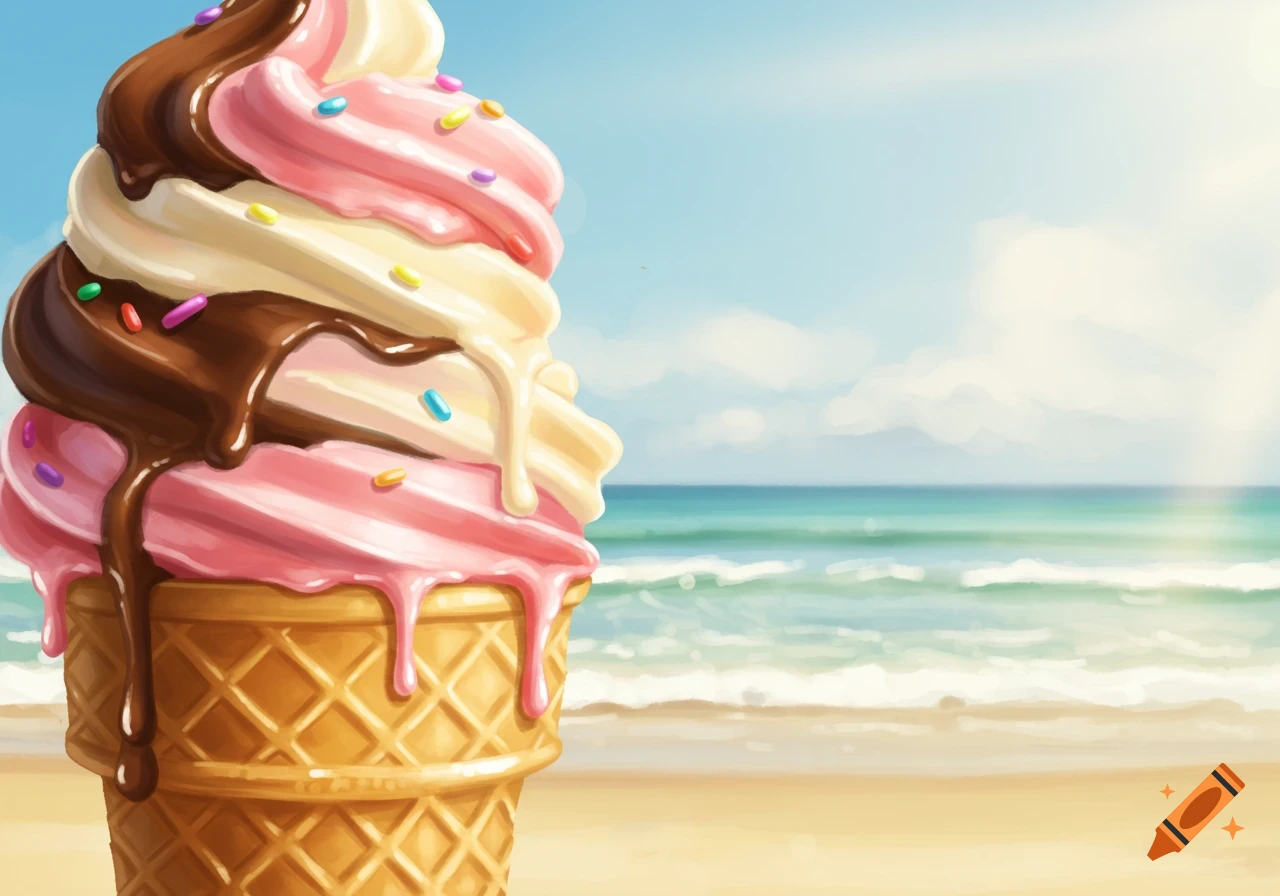 A colorful, melting triple-scoop ice cream cone with sprinkles on a sunny beach with the ocean in the background, digital painting.