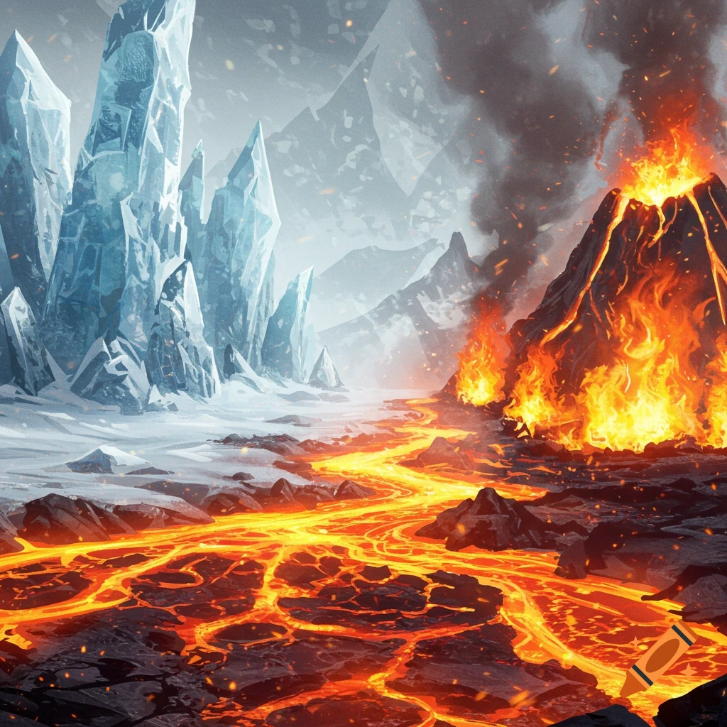 A dramatic fantasy landscape depicting sharp ice peaks and snow on the left, contrasting with an erupting volcano and flowing lava on the right.