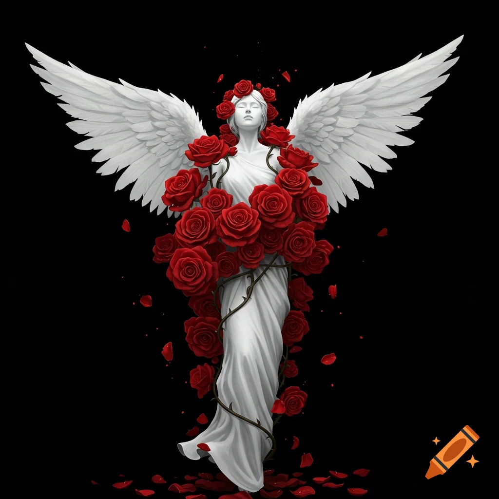 A white statue of an angel with large wings, covered in vibrant red roses and thorns, against a black background.