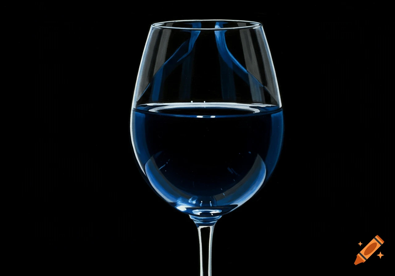 A wine glass filled with deep blue liquid against a solid black background.