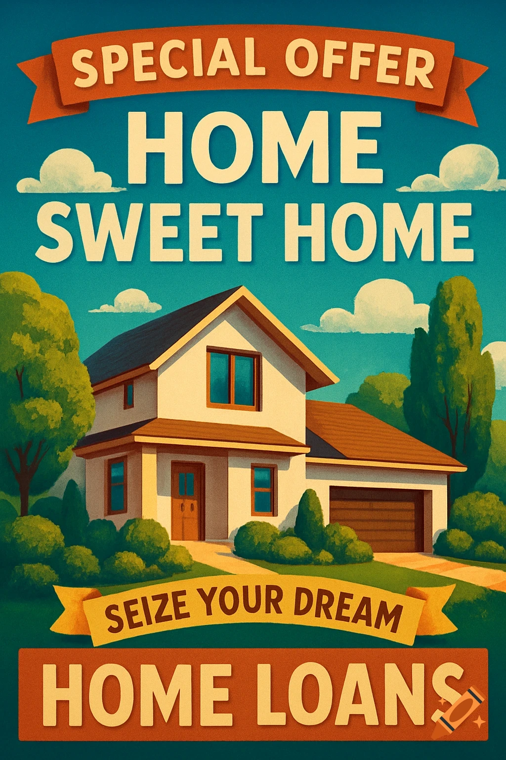 A vibrant advertisement for home loans, featuring a stylized house with text like 'HOME SWEET HOME' and 'HOME LOANS' under a blue sky.