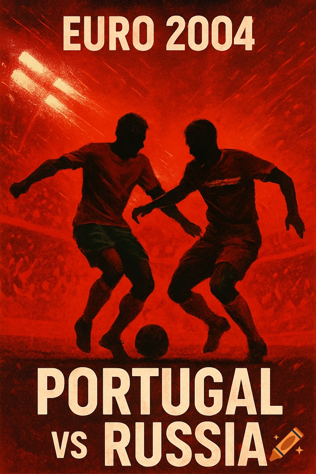 Red grunge poster for EURO 2004 Portugal vs Russia football match with two player silhouettes.