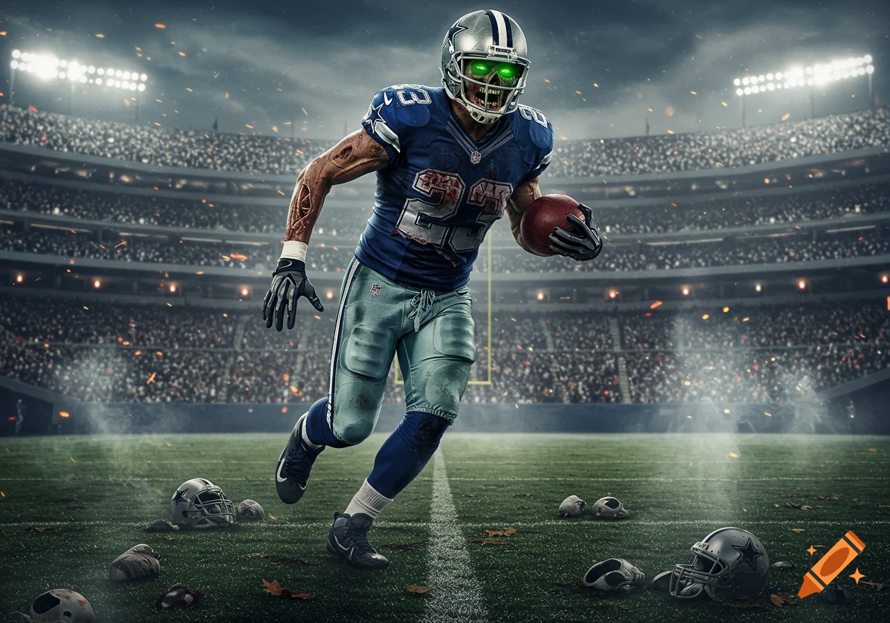 A zombified Dallas Cowboys player with glowing green eyes and decaying skin runs on a football field littered with helmets.