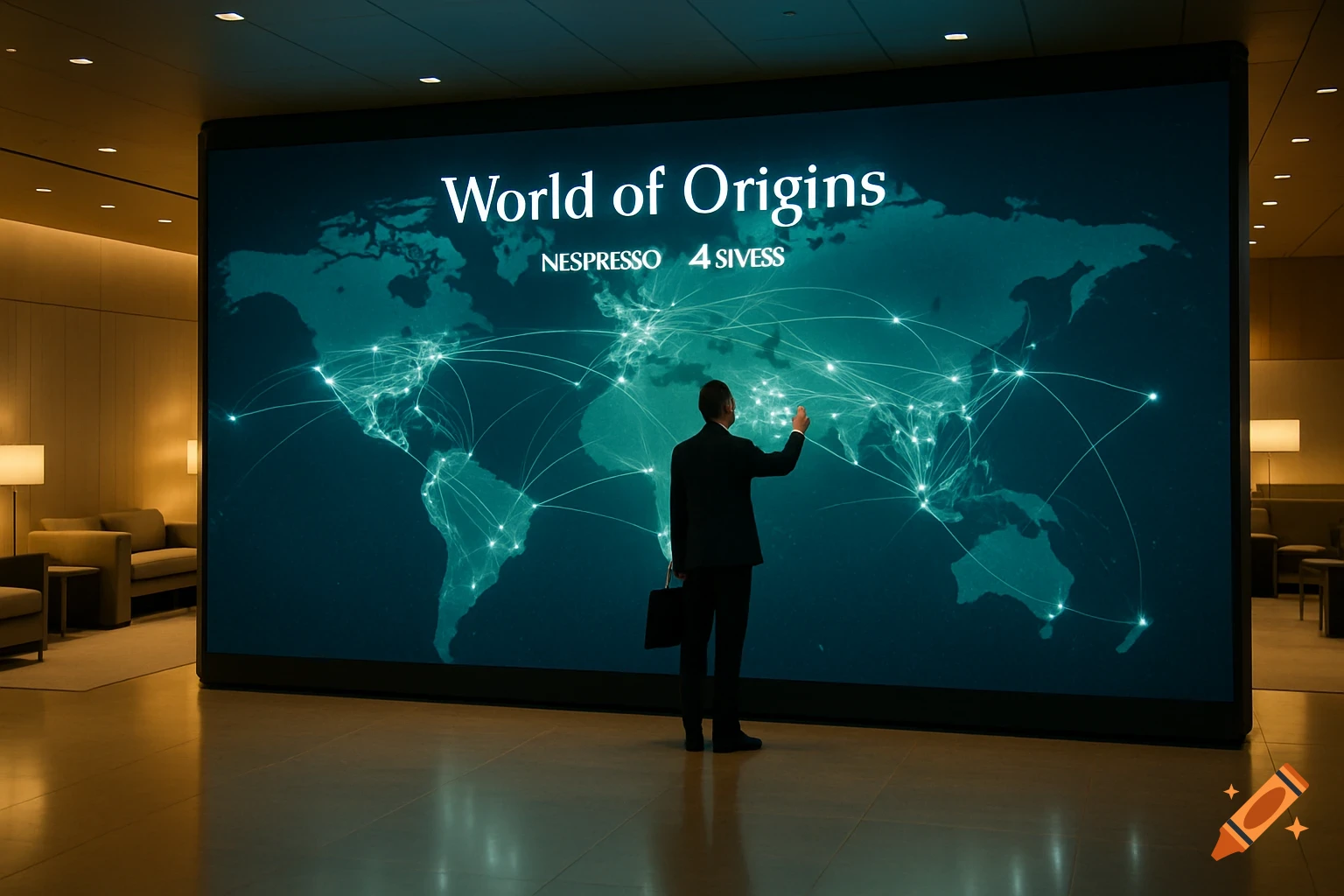 A man in a suit touches a large digital world map screen titled "World of Origins" in a modern lounge. Photorealistic.