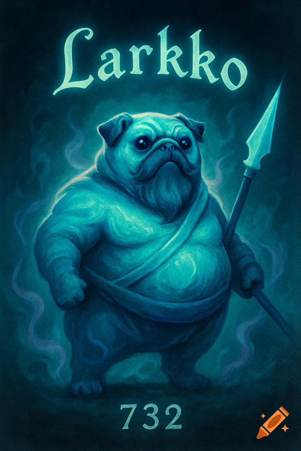 A glowing teal, bearded pug-like warrior holding a spear, with 'Larkko' above and '732' below, in a dark, ethereal art style.